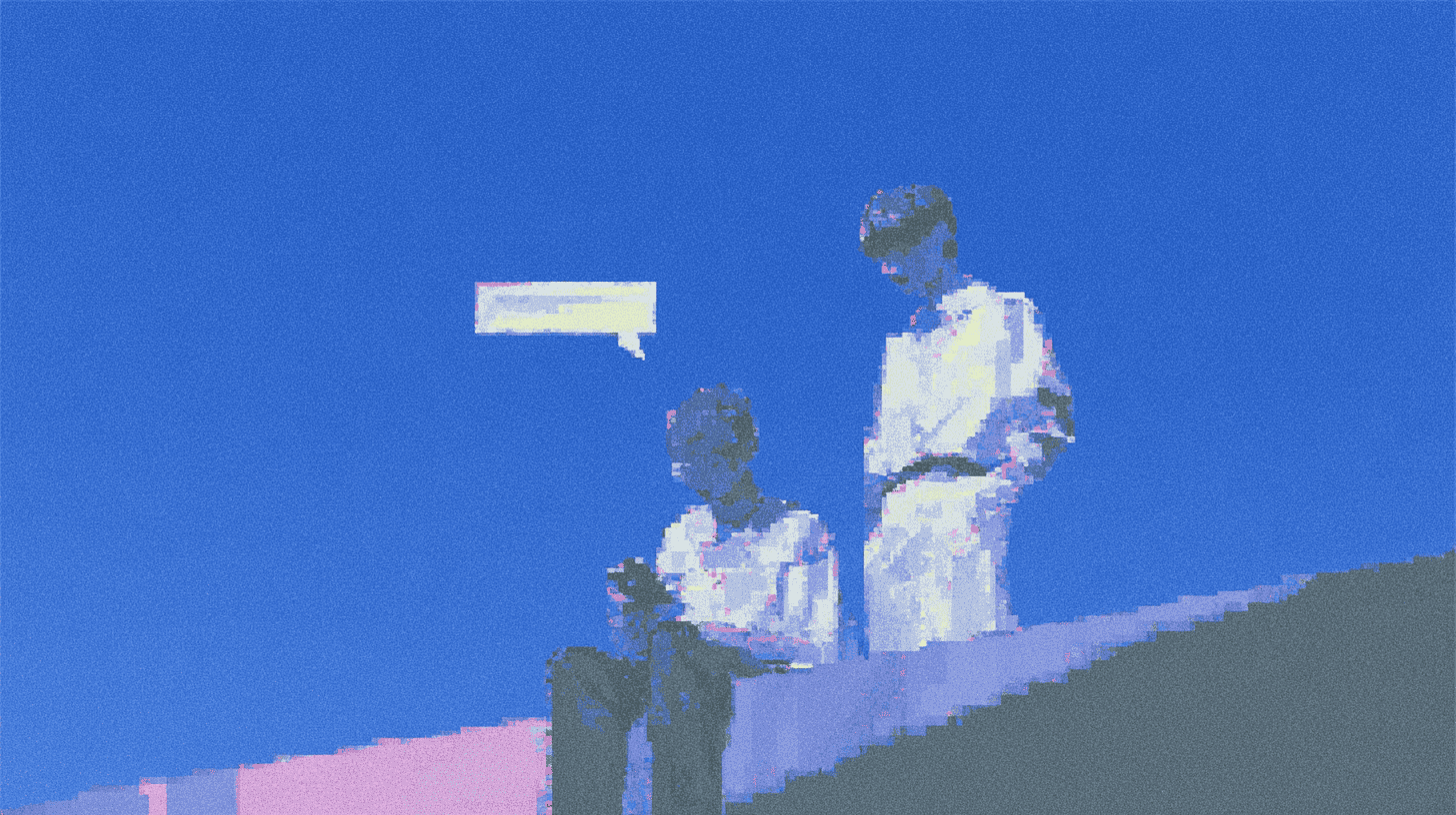 Duas pessoas paradas em degraus, sugerindo conversa ou espera.