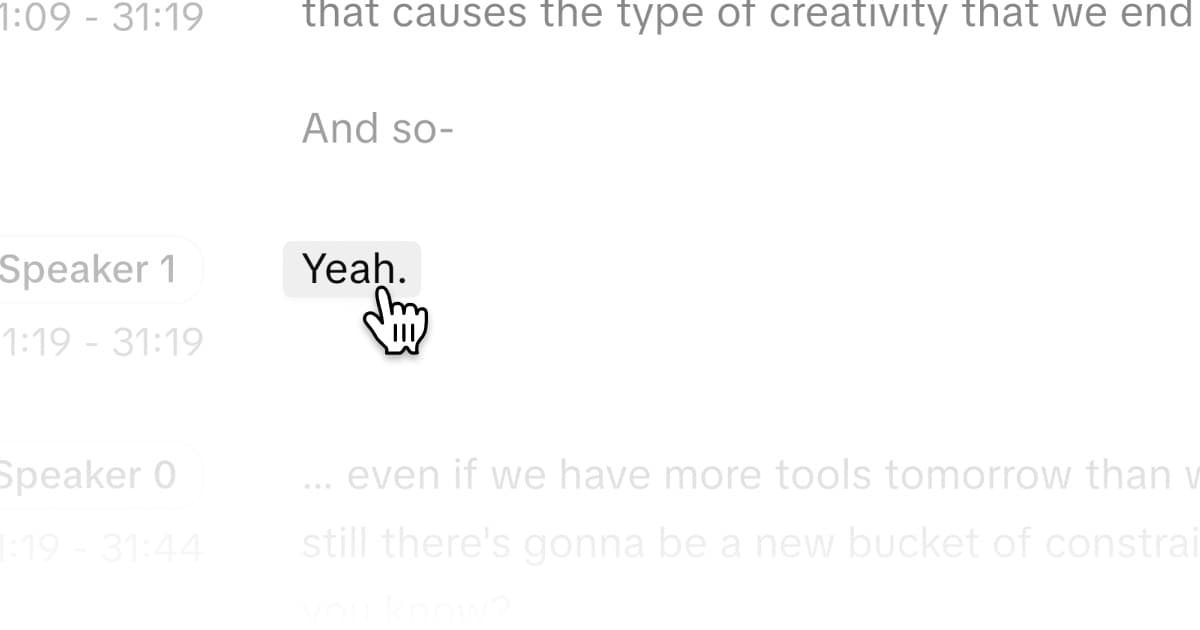 Transcrição interativa no MOD onde usuários podem clicar em palavras para pular para momentos específicos